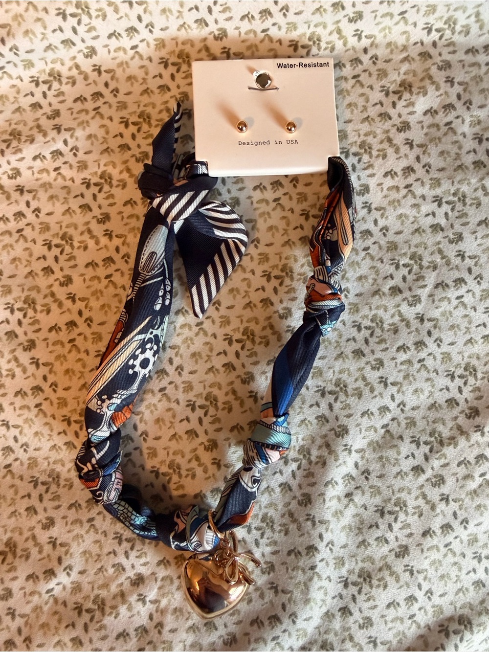 Patterned Navy Blue Scarf Necklace with Gold Heart Pendant
